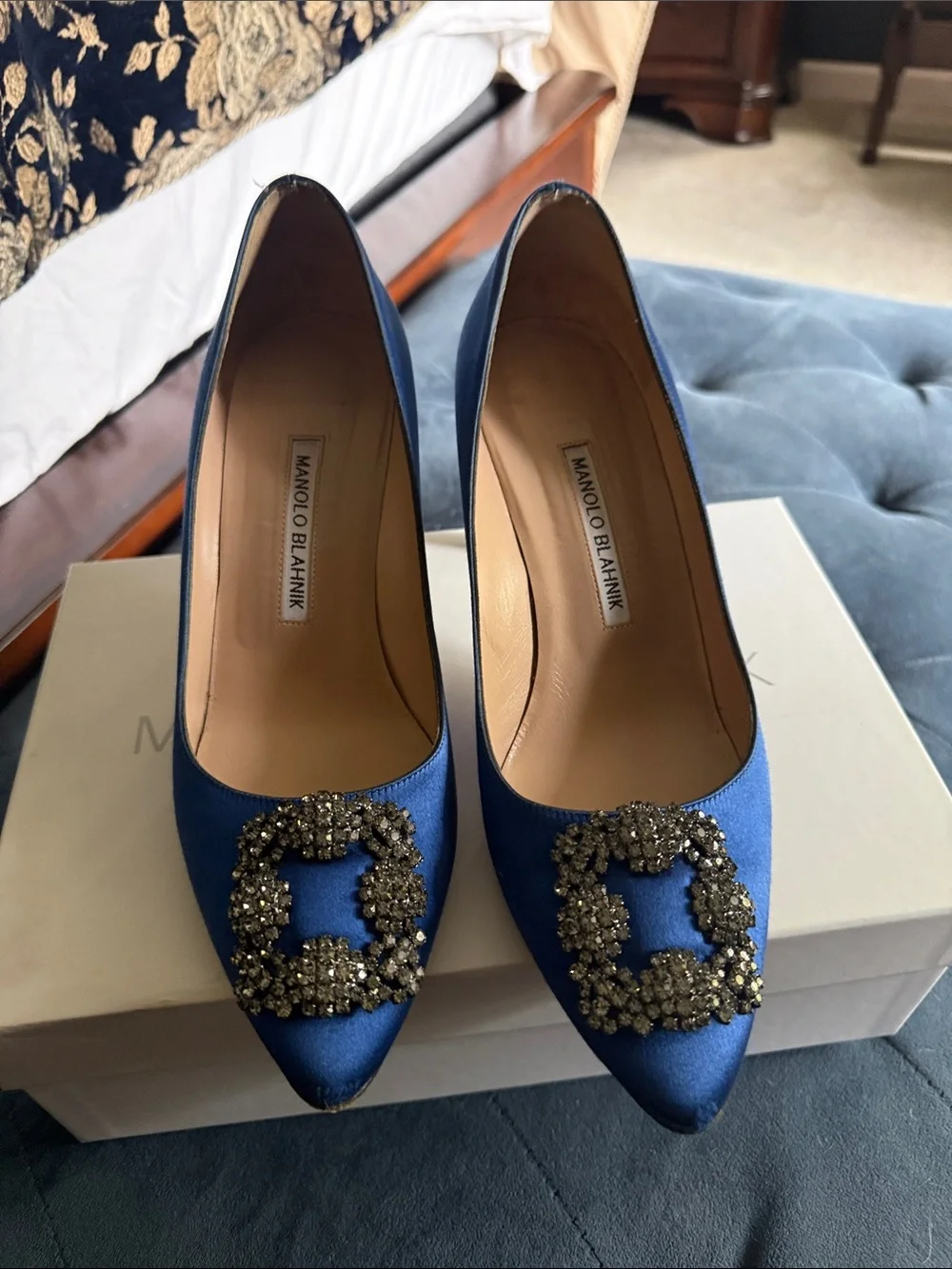 Manolo Blahnik Royal Blue Crystal-Buckle Pointed Pumps